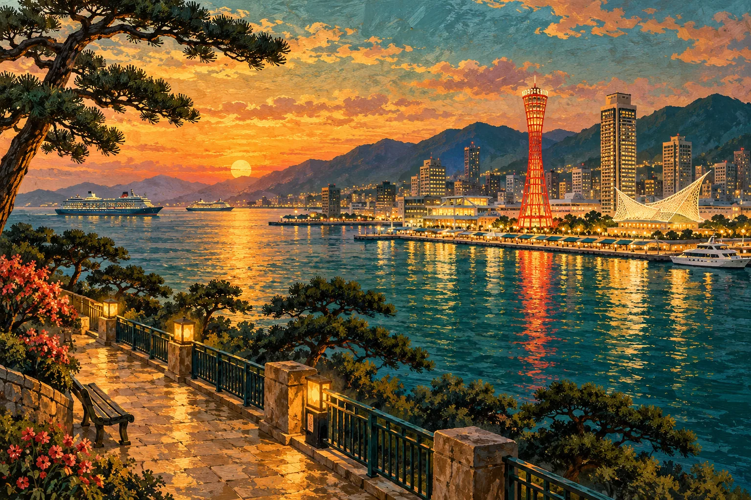 Illustrated Japanese harbour city at sunset