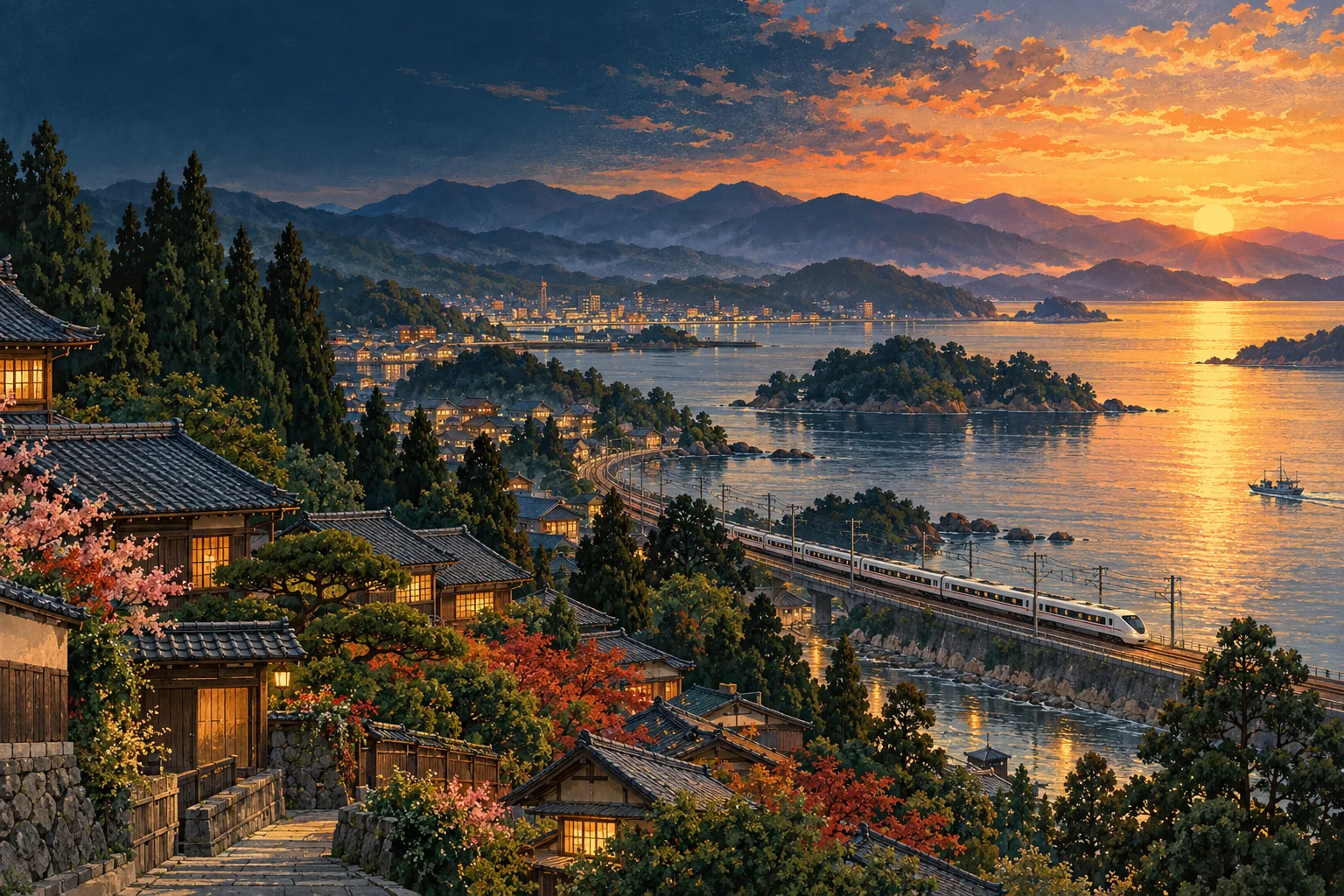 Illustrated Japanese coastal railway at sunset