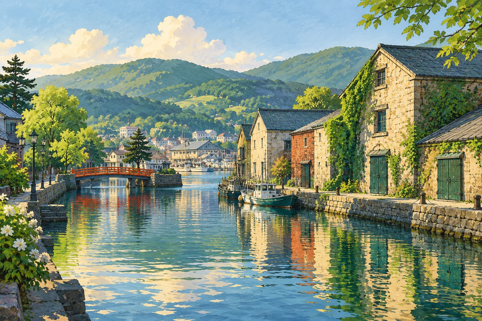 Illustrated northern Japanese port canal in summer