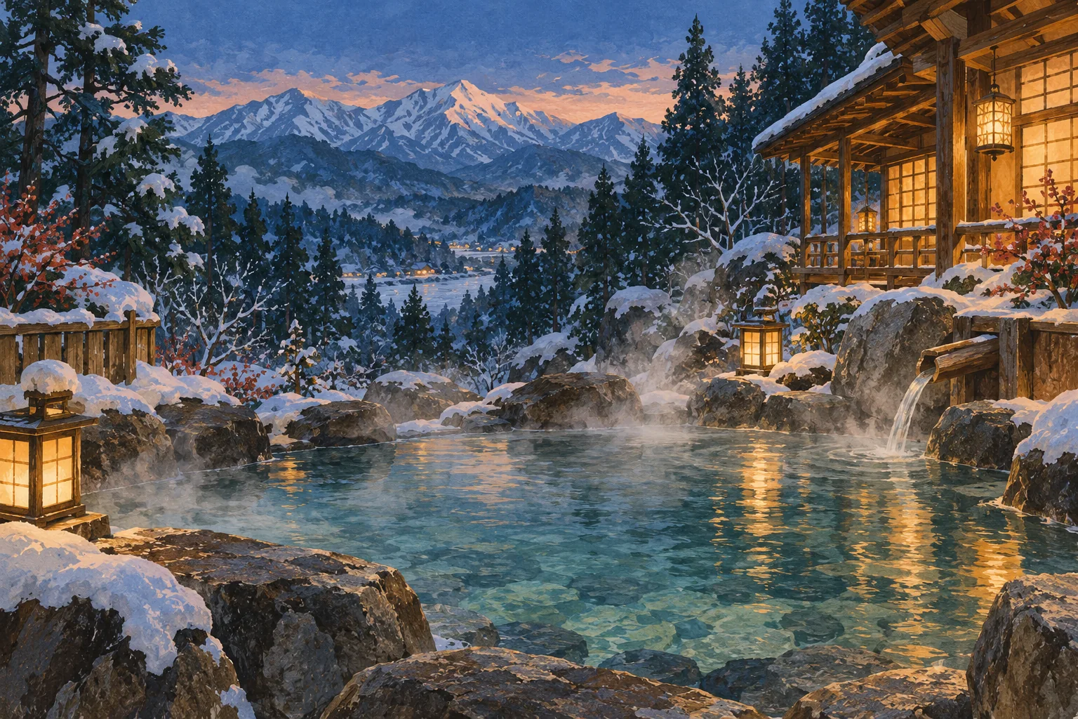 Illustrated outdoor hot-spring bath in a snowy mountain setting