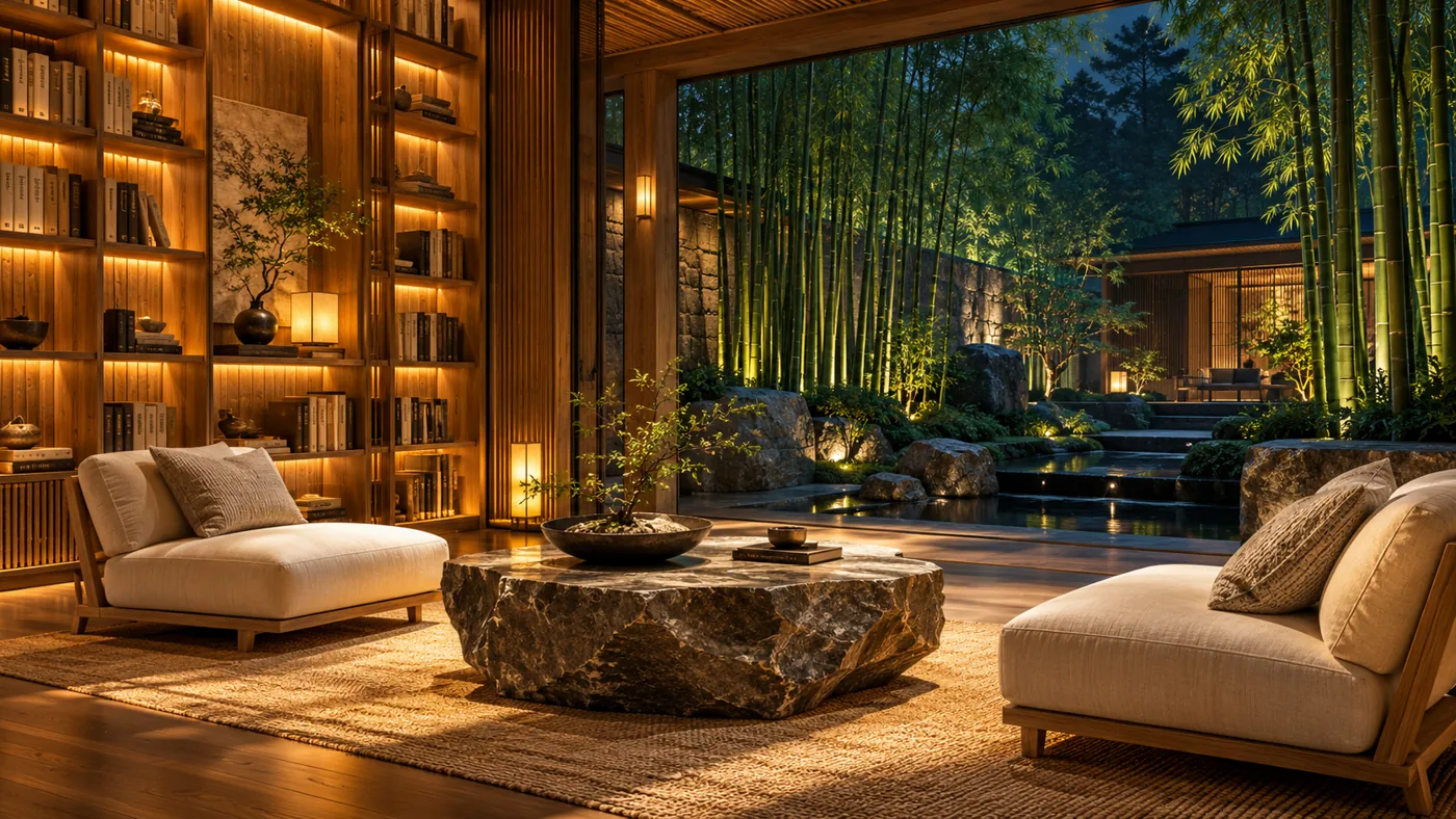 Fumi illustration of a warm timber lounge beside a quiet bamboo courtyard.