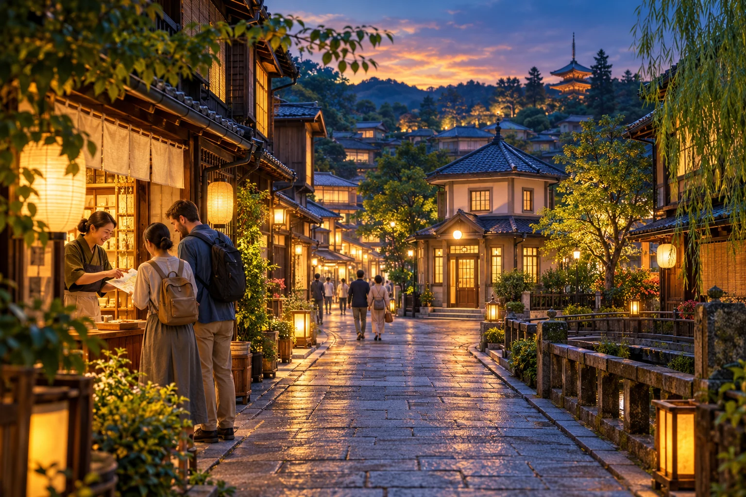 Imagined Japanese evening street where a shopkeeper helps visiting travellers find their way