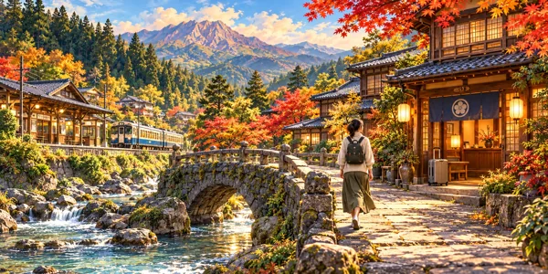 Village de montagne japonais imaginaire avec un petit sac et une valise près d’une auberge