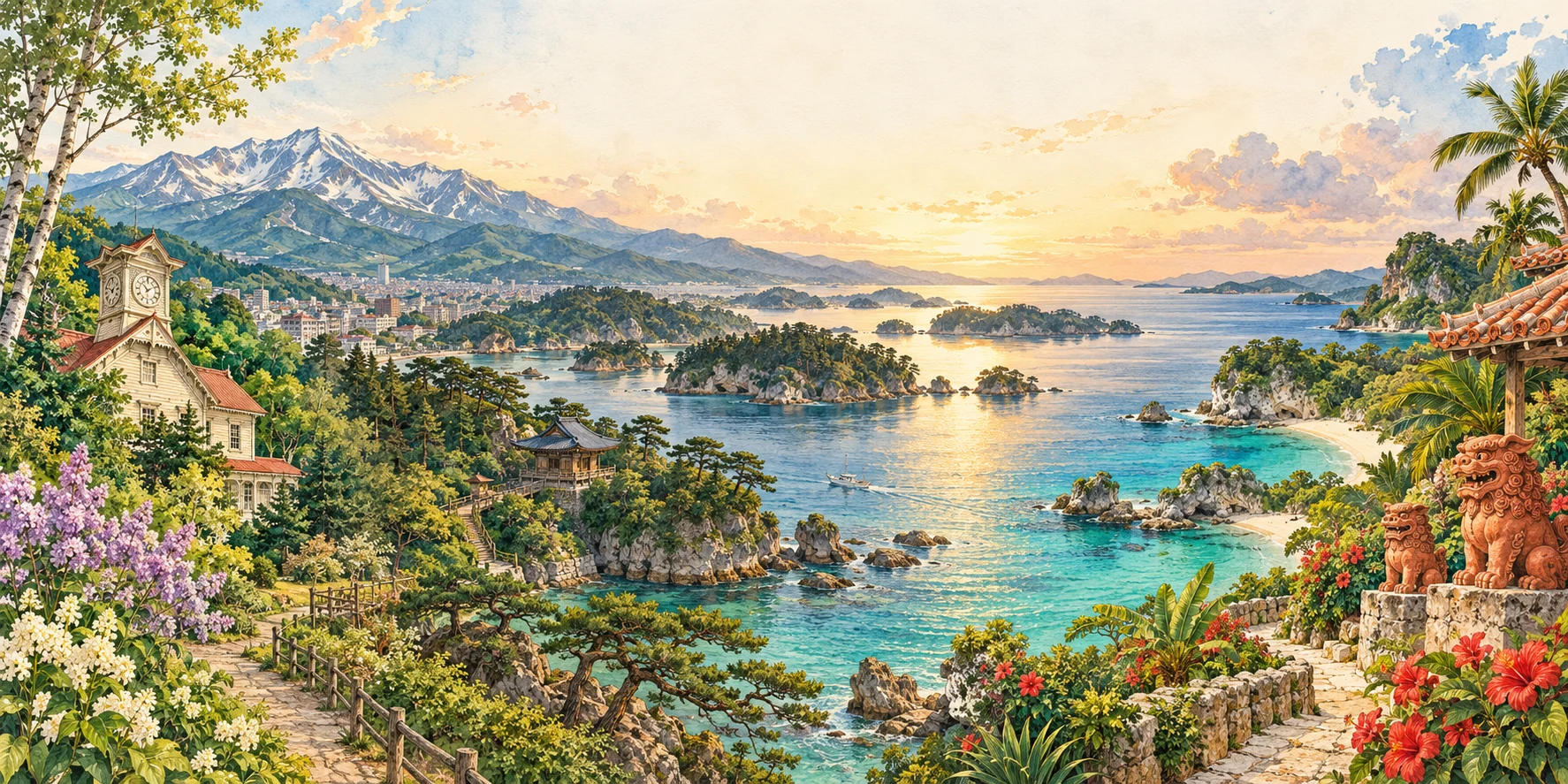 Painted northern city, Matsushima islands and Okinawan coast in a warm illustrated panorama