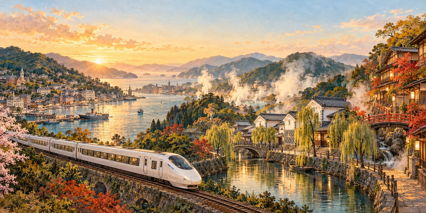 Painted Japanese railway, harbour, canal town and mountain hot springs