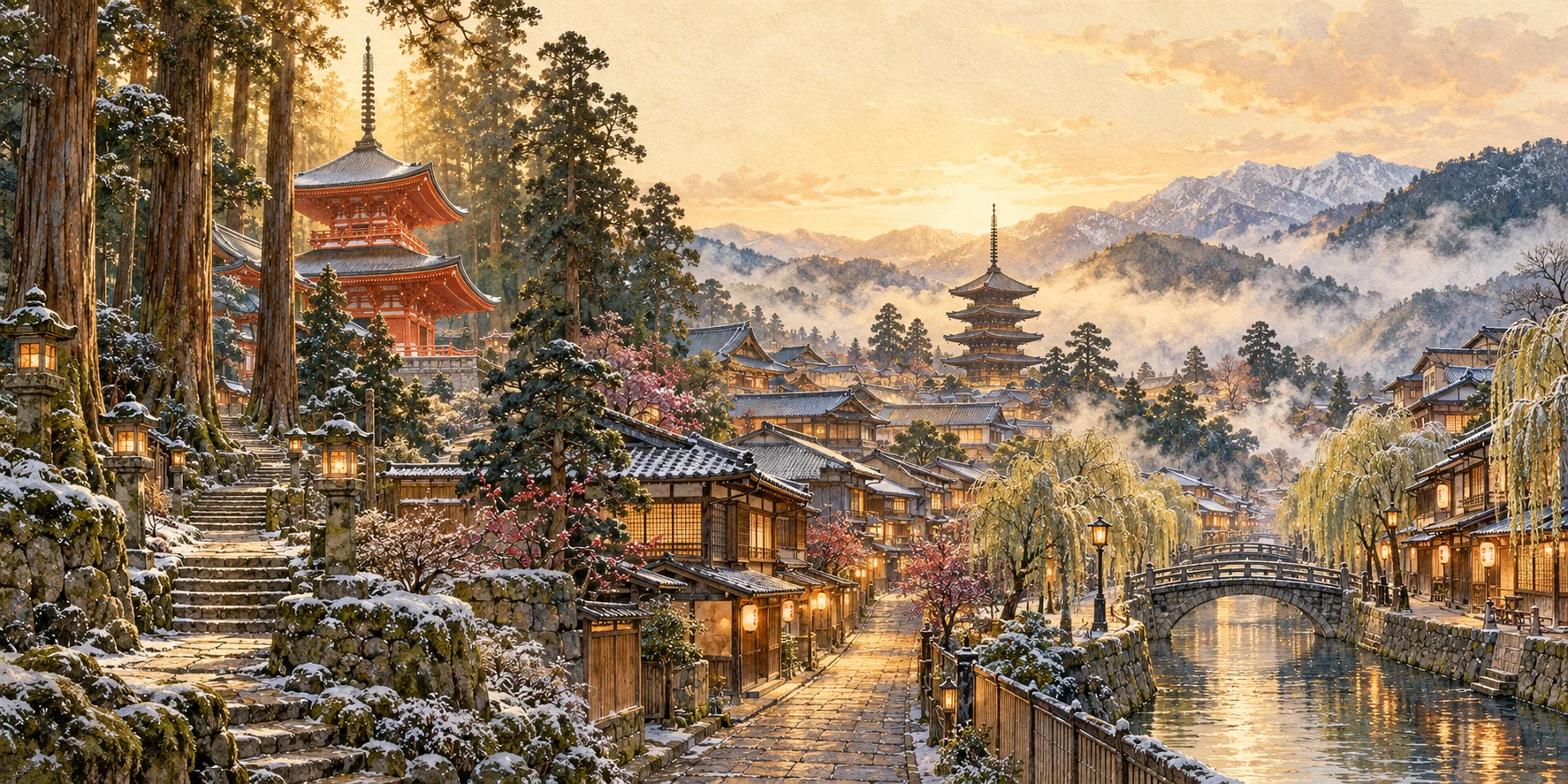 Painted Koyasan temple, Kyoto lanes and Kinosaki canal in an atmospheric Kansai panorama