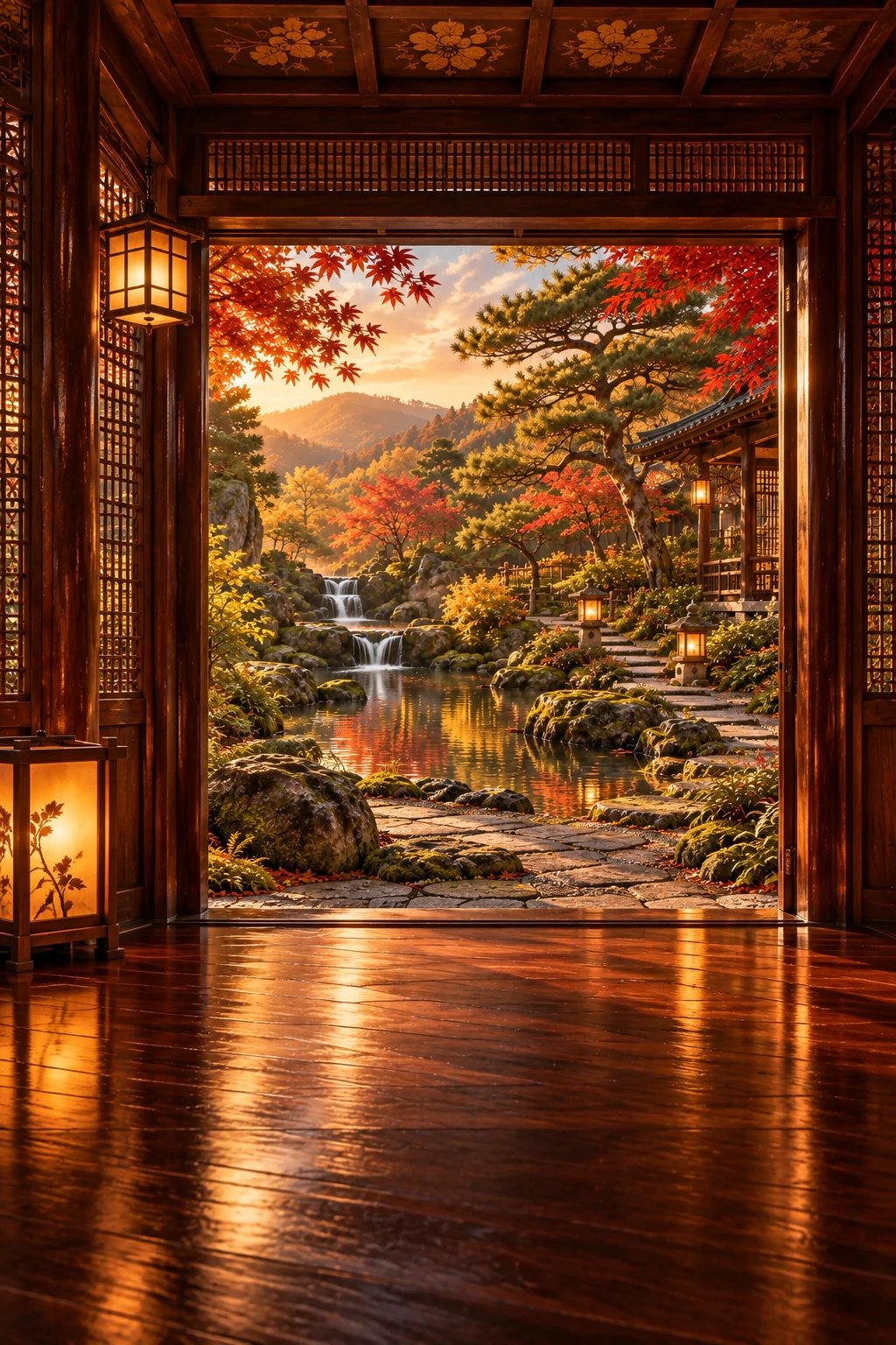 An imagined timber doorway opening into a glowing autumn garden