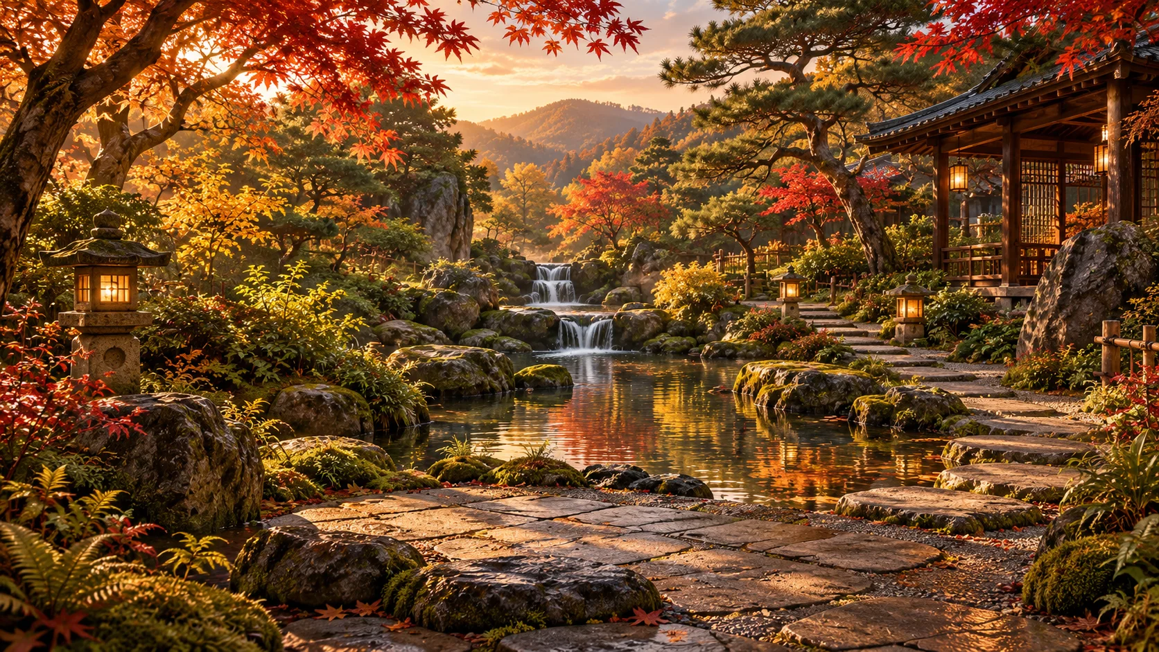 An imagined autumn garden, its leaves and reflections changing in the light
