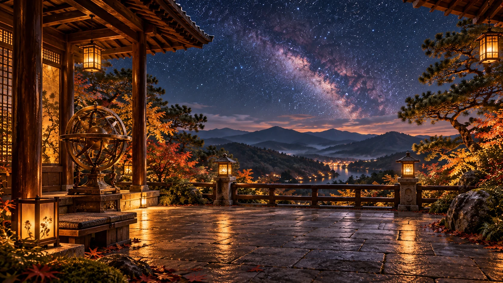 An imagined lantern-lit observatory beneath a starry sky