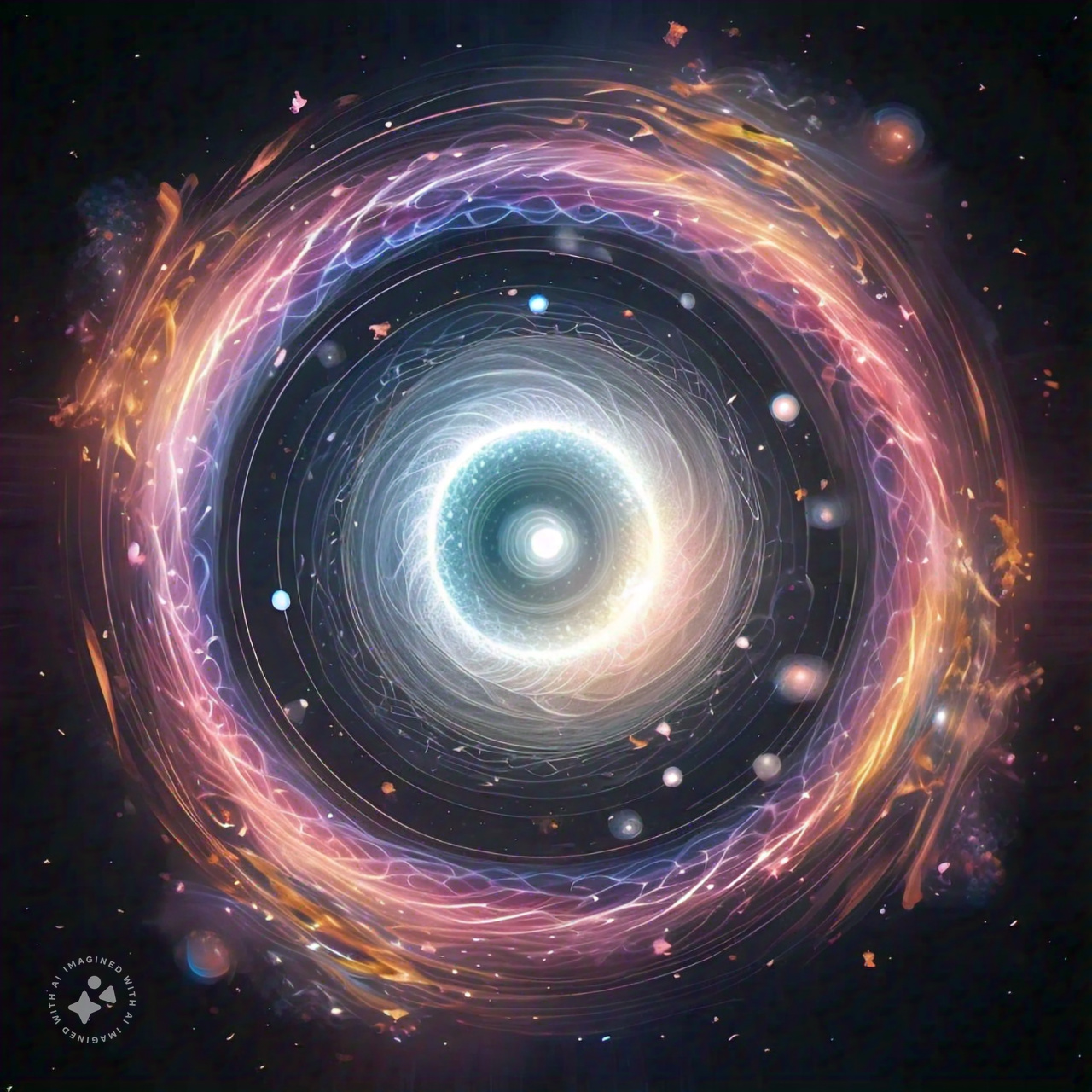 Existing Secret Energy AI illustration of luminous cosmic rings, with its Imagined with AI mark retained