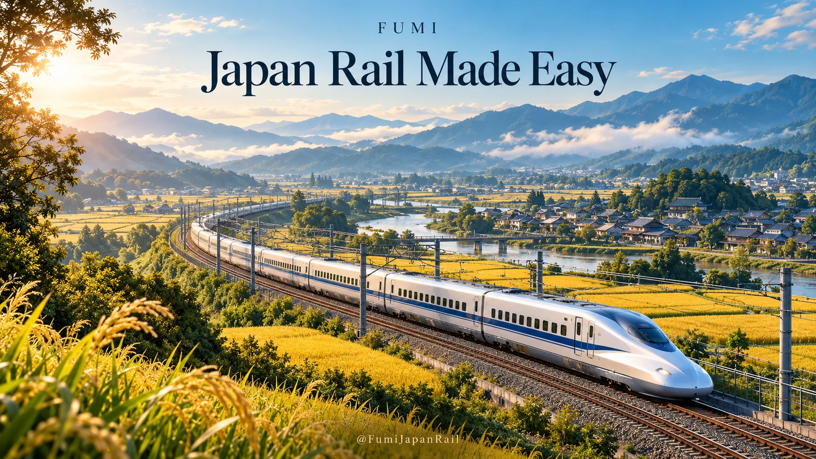 A white train curves through golden fields beneath wooded mountains. Japan Rail Made Easy.