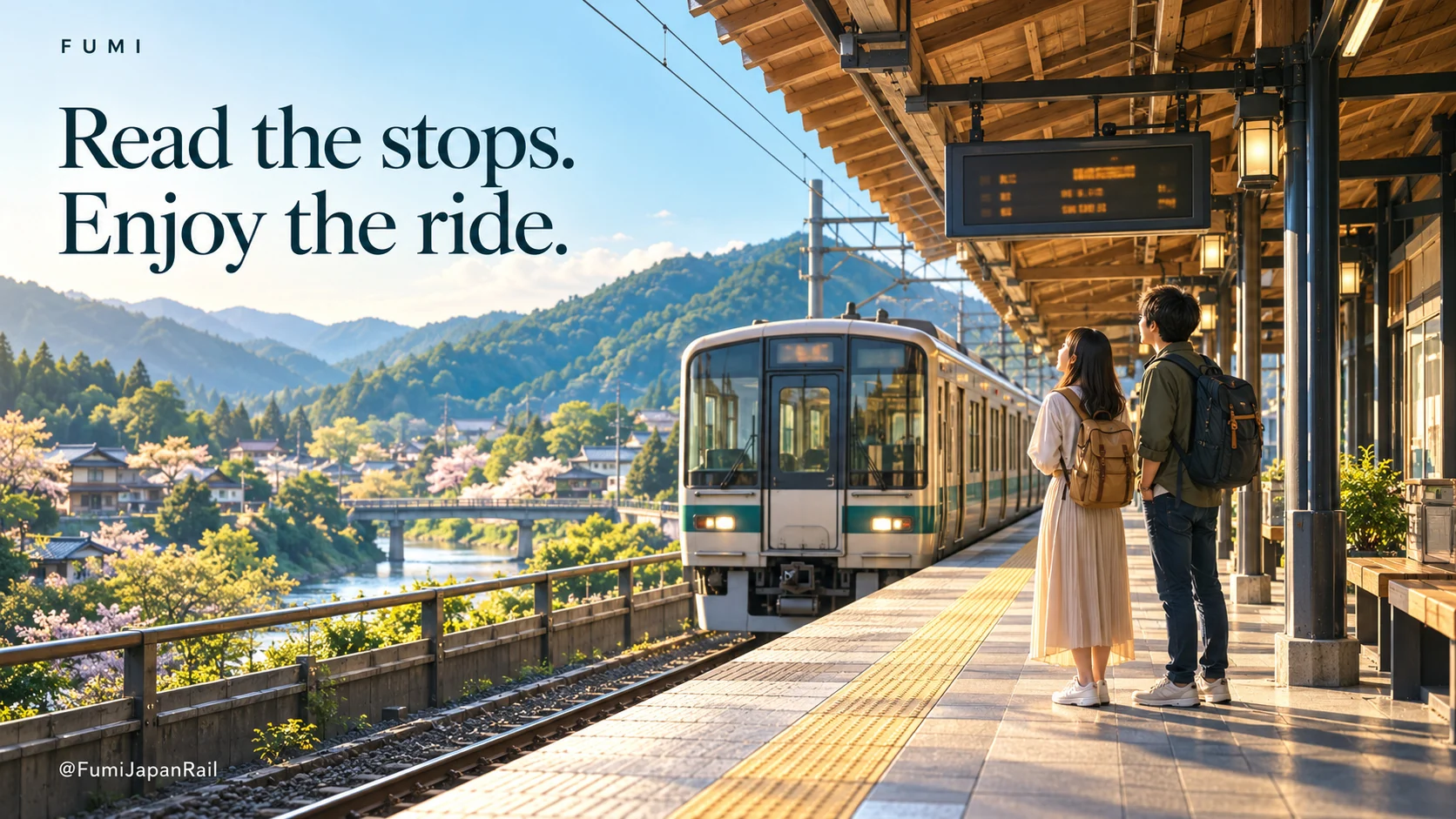 Travellers wait at a wooden station beside a green local train. Read the stops. Enjoy the ride.