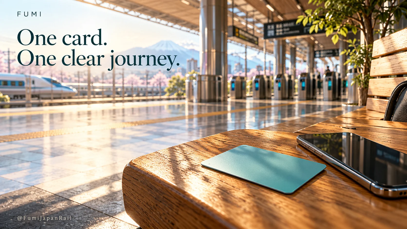 A turquoise travel card on a timber table overlooking a sunlit station. One card. One clear journey.