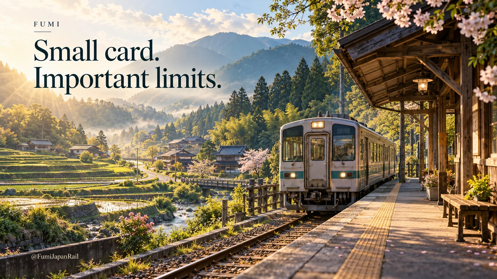 A rural train beside a small station and green mountains. Small card. Important limits.