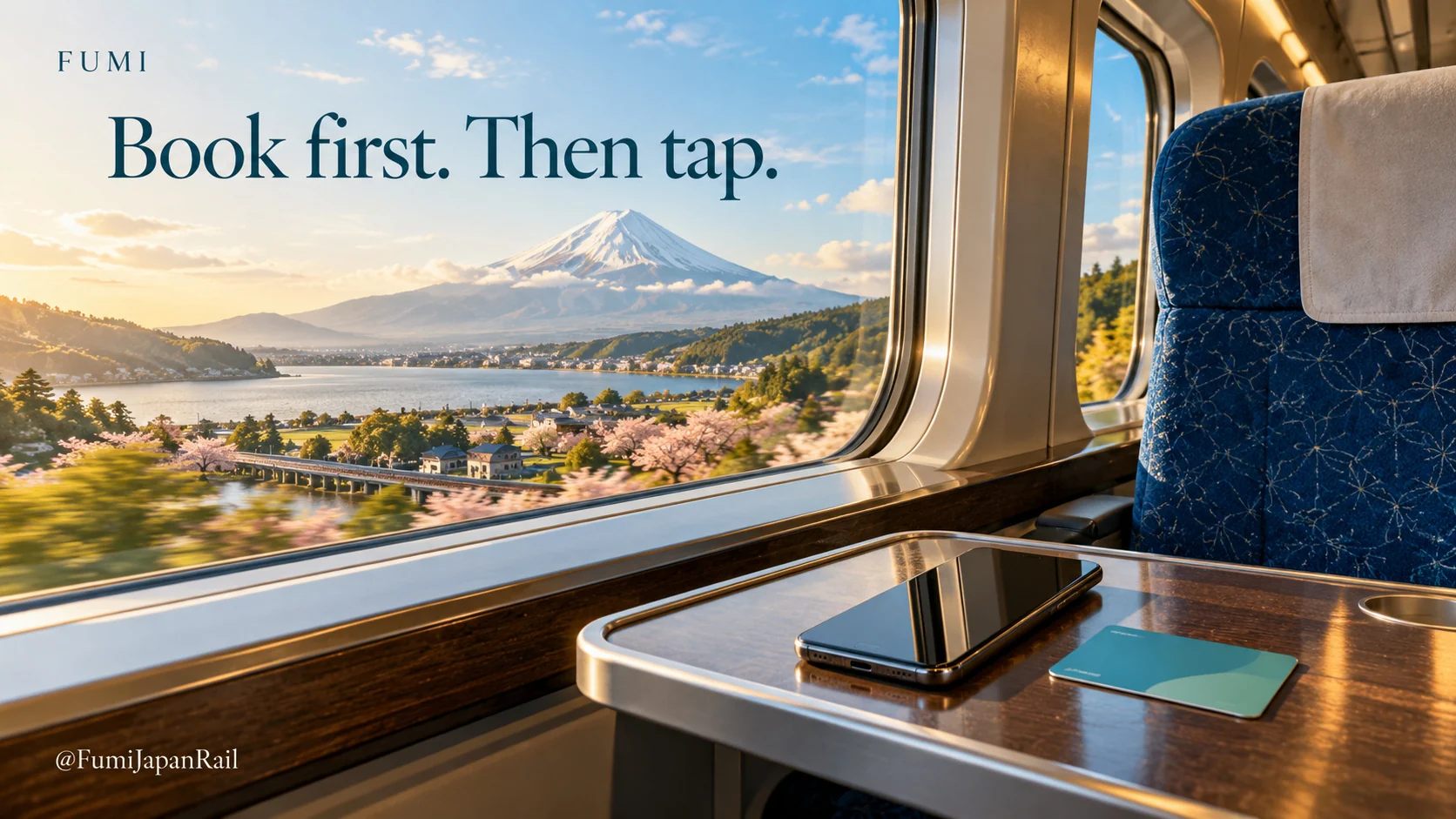A phone on a train table beside a countryside window. Book first. Then tap.