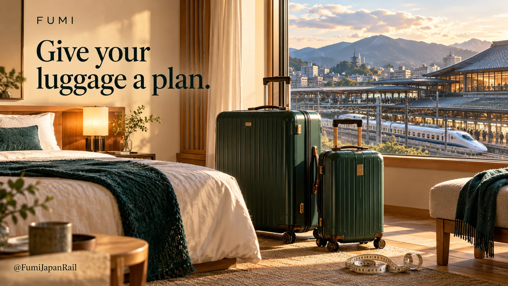 Suitcases in a warm timber hotel room with a railway view. Give your luggage a plan.