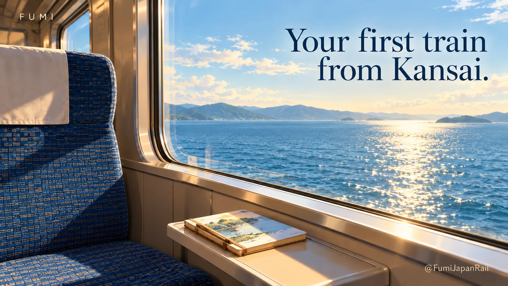 A comfortable airport train seat beside a view across blue water. Your first train from Kansai.