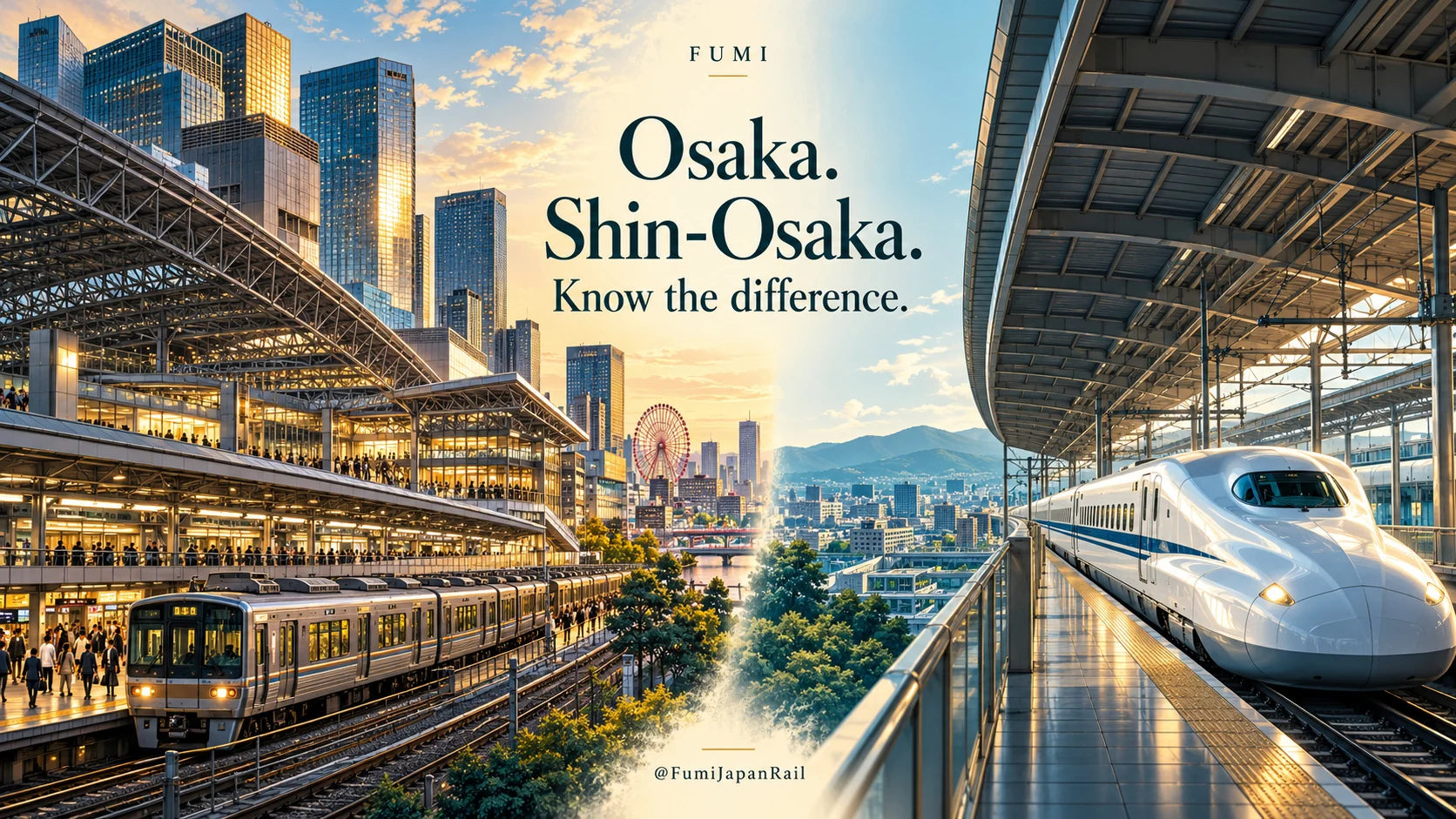 An illustrated contrast between Osaka city trains and a Shinkansen platform. Osaka. Shin-Osaka. Know the difference.
