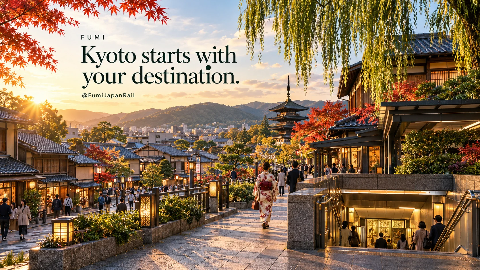 A Kyoto-inspired street and station entrance beneath autumn trees. Kyoto starts with your destination.
