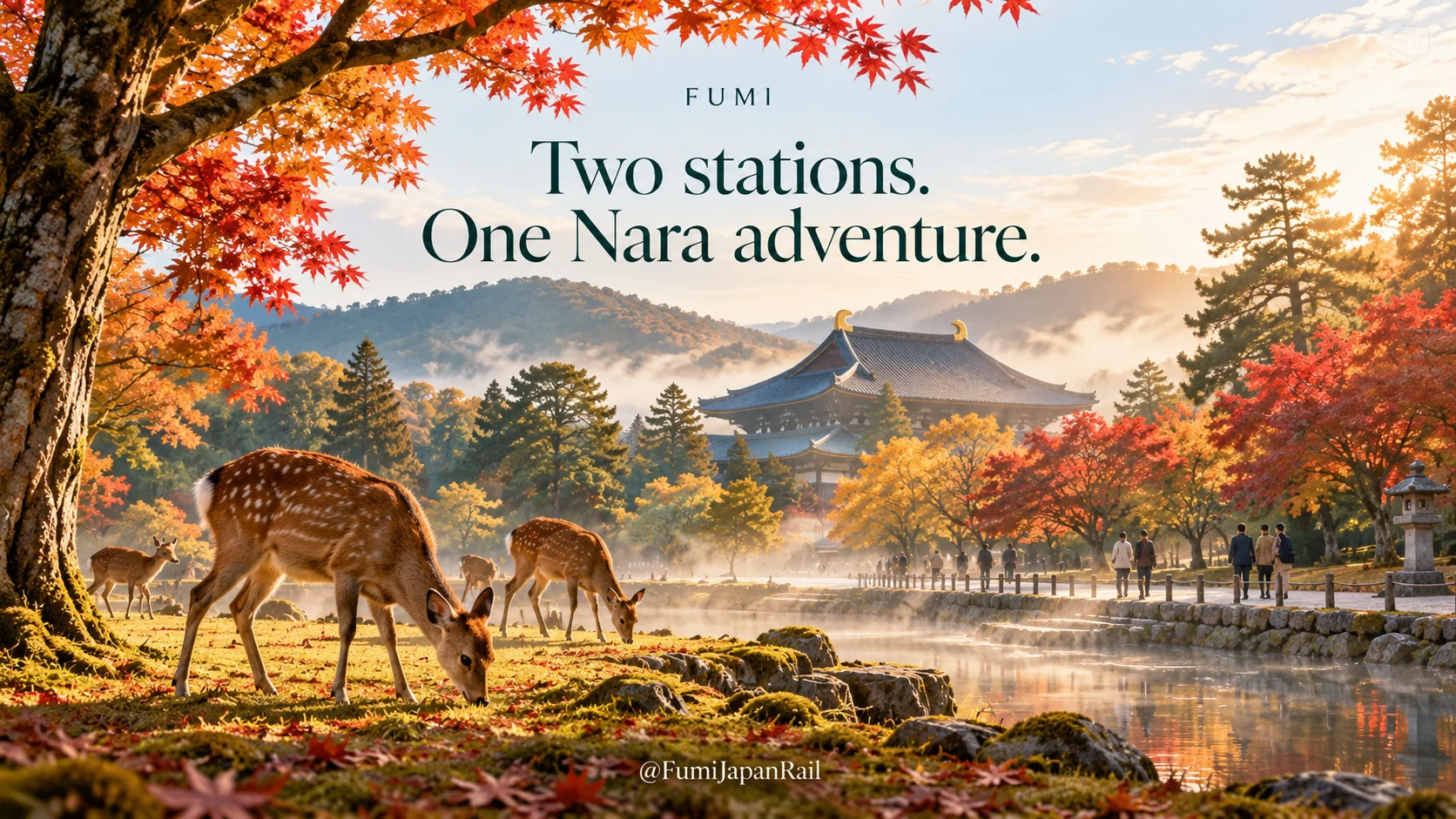 Deer beside a pond and autumn trees in Nara. Two stations. One Nara adventure.