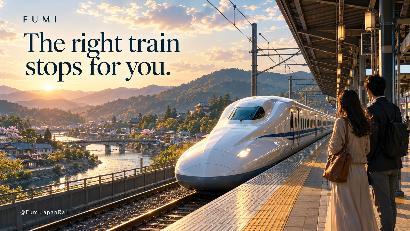 A high-speed train arrives at a mountain-framed station. The right train stops for you.