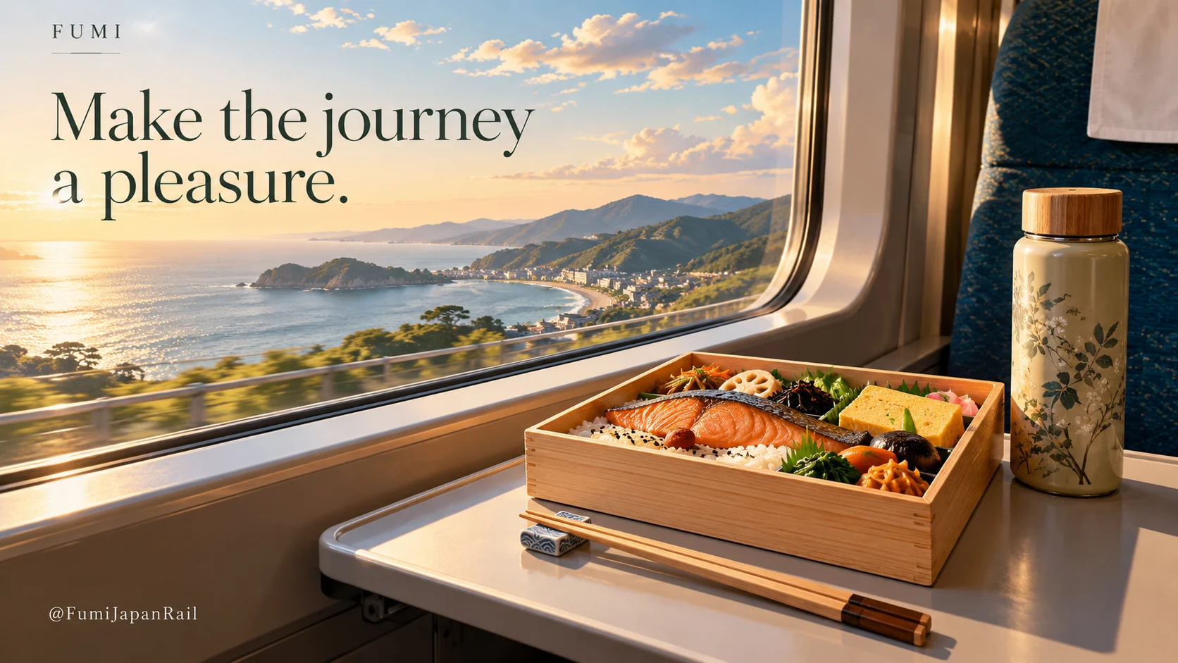 An ekiben meal beside a train window overlooking the coast. Make the journey a pleasure.