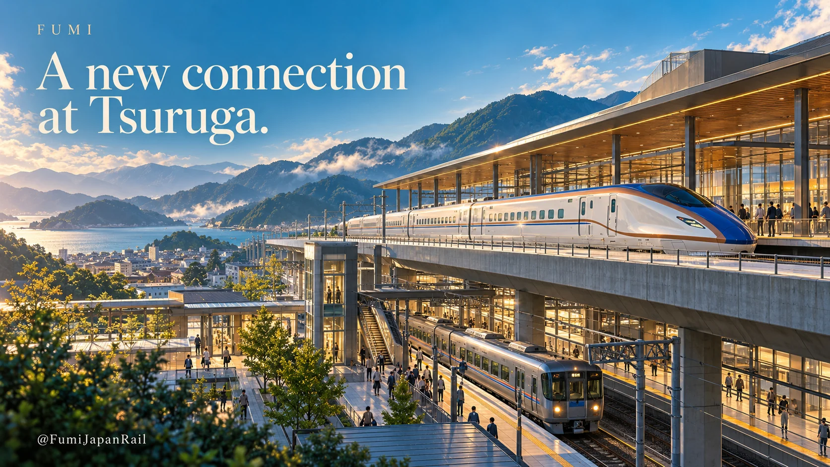 An illustration of a multilevel station and two trains. A new connection at Tsuruga.