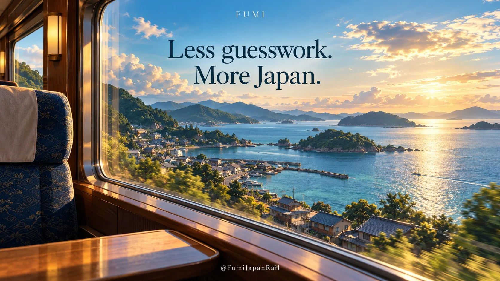 A coastal inlet and fishing village seen through a train window. Less guesswork. More Japan.