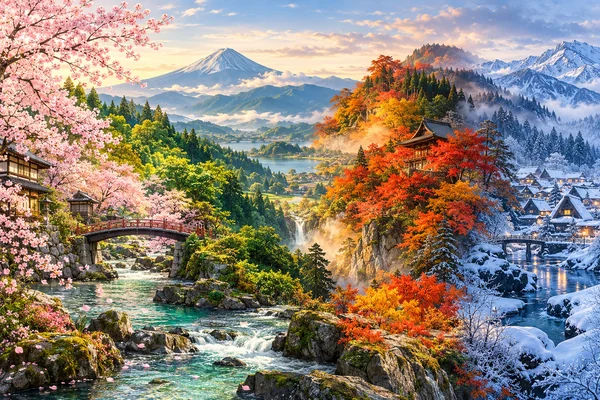 Paysage japonais imaginaire passant des fleurs au vert de l’été, aux feuilles d’automne et à la neige
