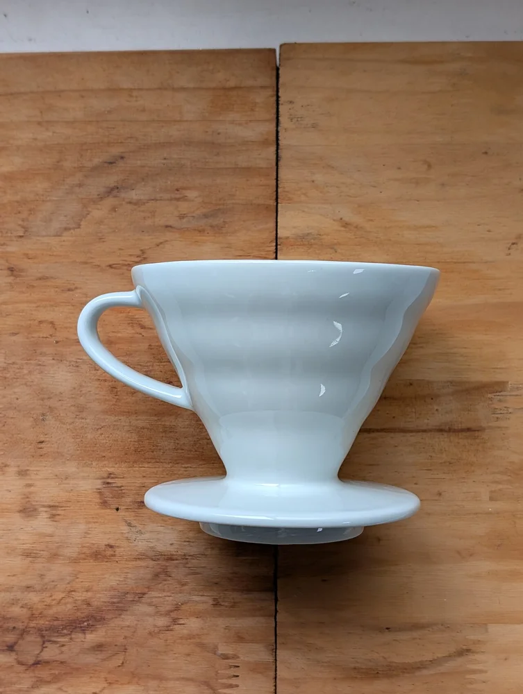 A ceramic Hario V60 coffee dripper