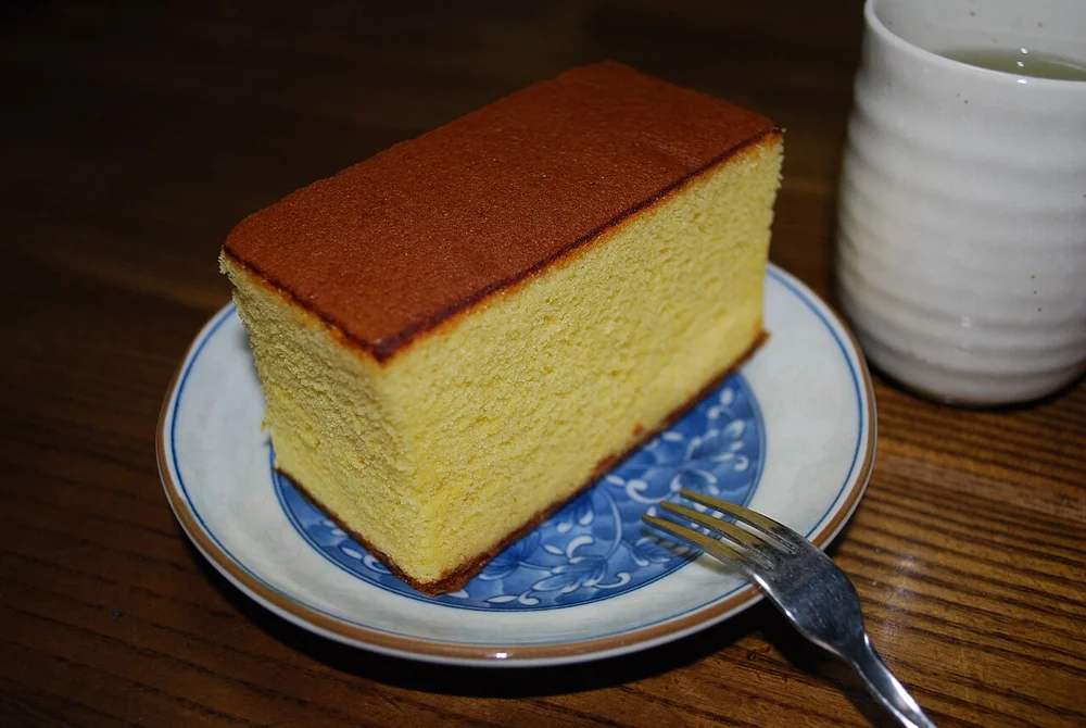 A slice of Nagasaki castella, shown without gift packaging