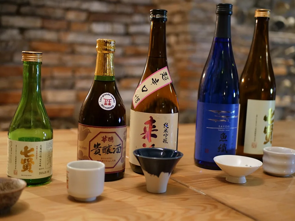 Sake bottles and small serving cups
