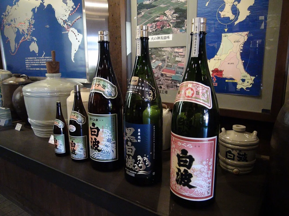 A display of Satsuma Shuzo shochu bottles