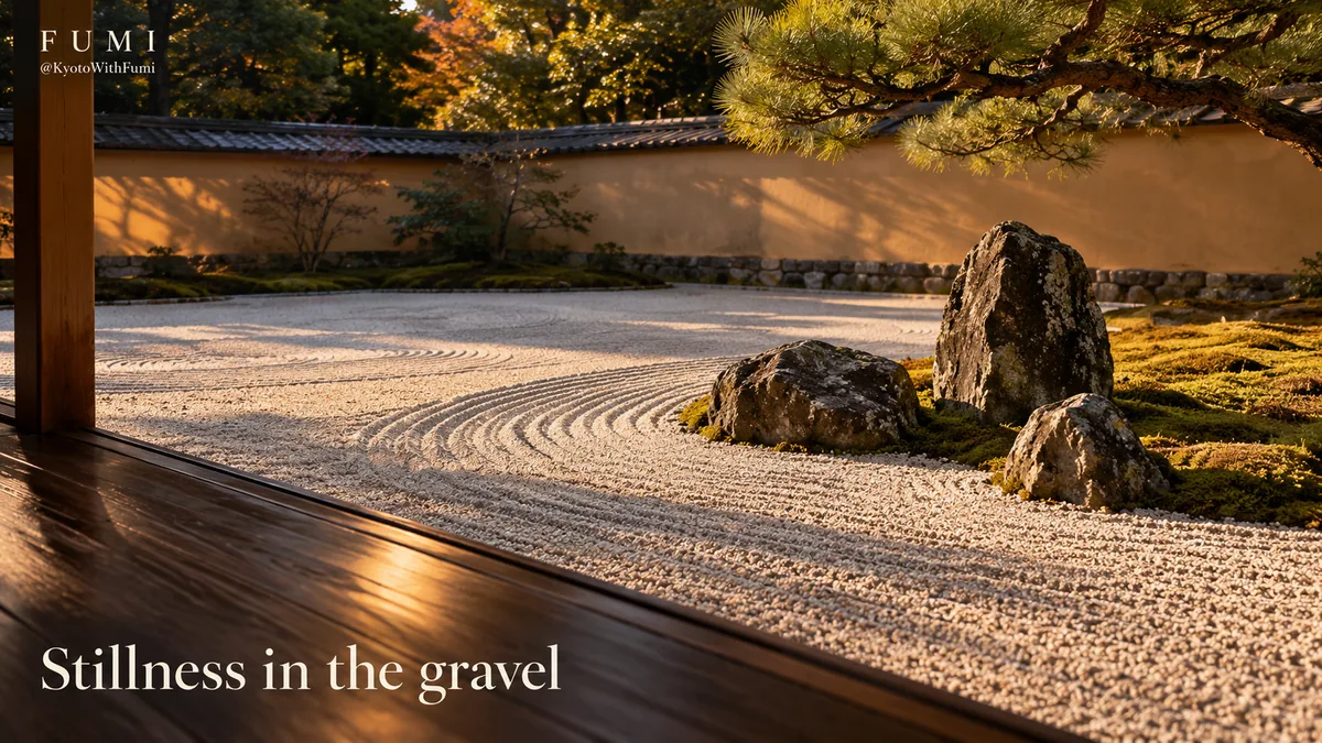 Raked gravel and natural stones in a quiet, imagined Kyoto garden. Original Fumi illustration.