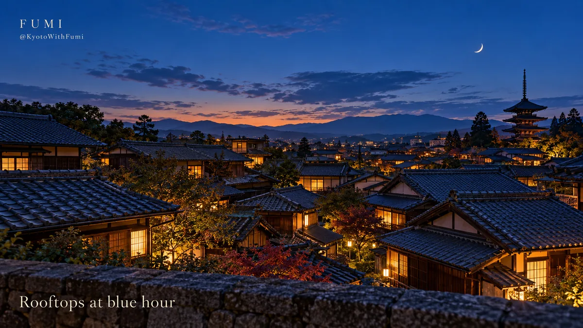 Fumi illustration of Kyoto-inspired tiled rooftops and warm windows at blue hour, captioned Rooftops at blue hour