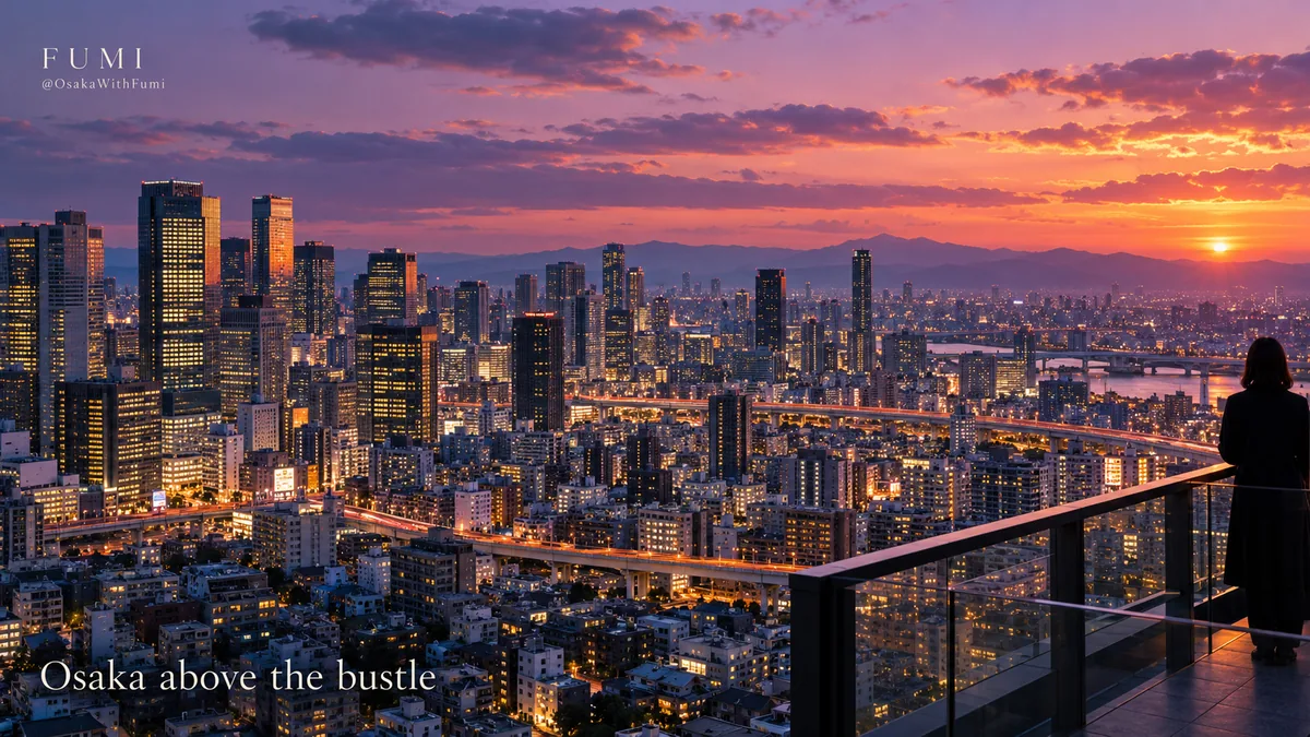 Fumi illustration of an Osaka-inspired skyline at sunset, captioned Osaka above the bustle