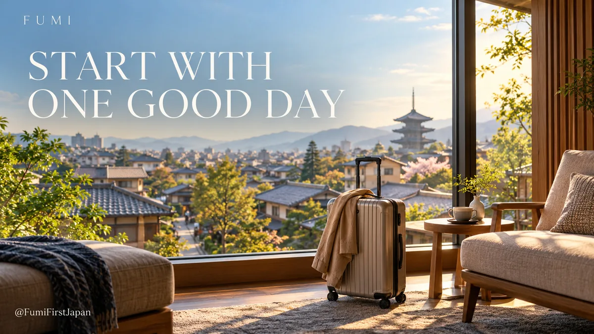 Fumi illustration: A peaceful first-arrival moment in Japan: a compact upright travel suitcase and light jacket beside a large window in a tasteful unbranded hotel lounge, view of a sunlit Japanese neighbourhood with small street trees and low roofs, cup of tea on side table, no people. Airy warm natural light, welcoming rather than ostentatious, new distinct travel composition.