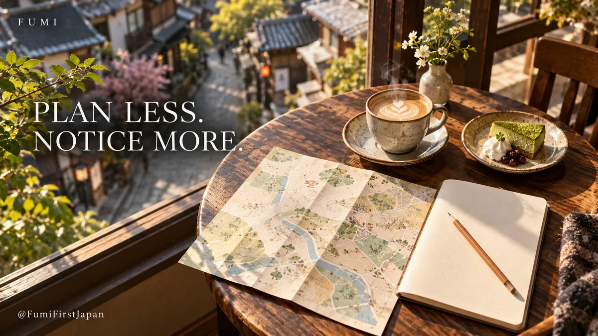 Fumi illustration: Top-down editorial photograph of a small round Japanese cafe table by a window, a carefully folded abstract map without text, a blank notebook, pencil, steaming coffee and small cake, outside blur of a walkable neighbourhood. Golden midday light, beautiful tabletop ceramic and paper textures, sparse elegant composition, no phone brand, no readable map place names.