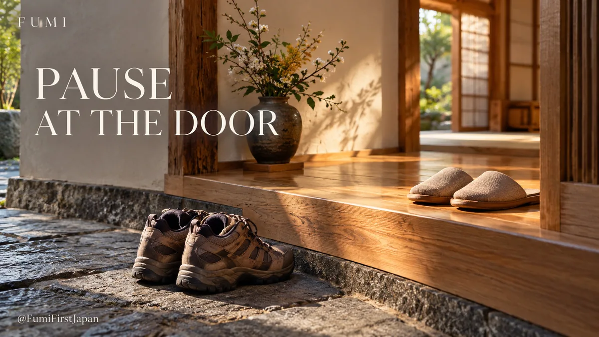 Fumi illustration: A beautifully tidy Japanese entryway or genkan in an unnamed small guesthouse: pair of outdoor walking shoes on lower stone floor, separate pair of simple slippers on raised wood threshold, pale plaster wall, small ikebana arrangement, warm side light. Clear correct spatial separation and no person. Photoreal composition with detail in leather, smooth cedar and stone. No symbols or signs.