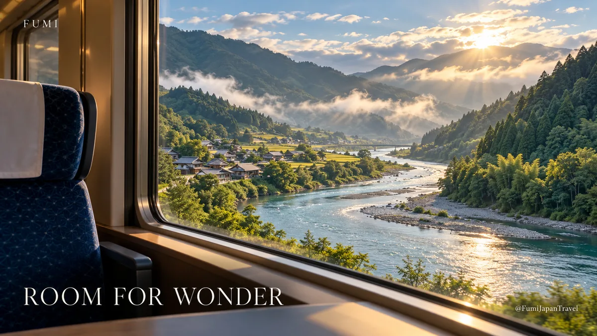 Fumi illustration: View through a pristine large Japanese regional train window, empty foreground seat edge, a silver blue river curving between forested green hills, a tiny village of tiled roofs in the middle distance, cloud breaks and radiant morning light, poetic depth, no named train or landmark.