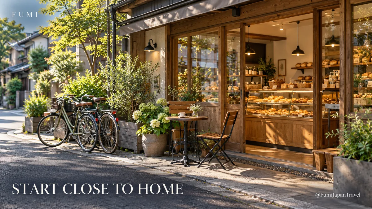Fumi illustration: A beautiful modest Japanese neighbourhood bakery viewed from the pavement in gentle morning sunlight, warm wood and glass, fresh breads visible inside, two bicycles parked neatly beside planter, one small outdoor coffee table, no legible shop signage, no named property.