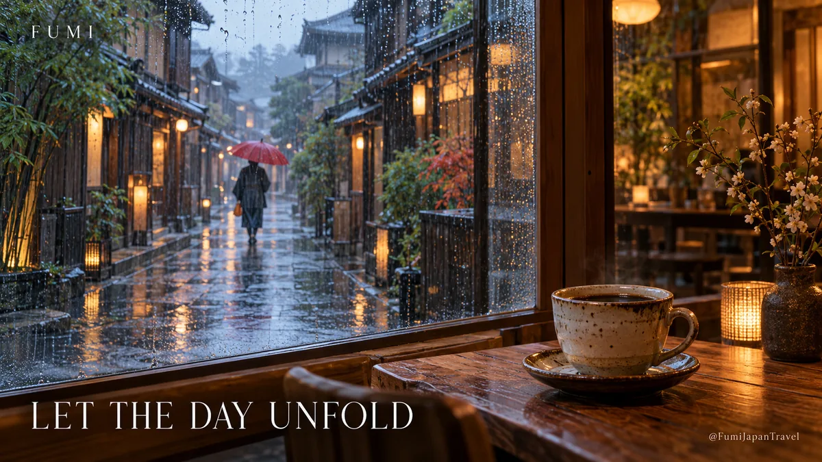 Fumi illustration: Atmospheric view from inside a tiny contemporary Japanese cafe through a rain-streaked window, one beautifully made ceramic coffee cup in foreground, pedestrian under muted red umbrella in a narrow Japanese street outside, blue grey rain and warm honey interior light, no prominent face or sign.
