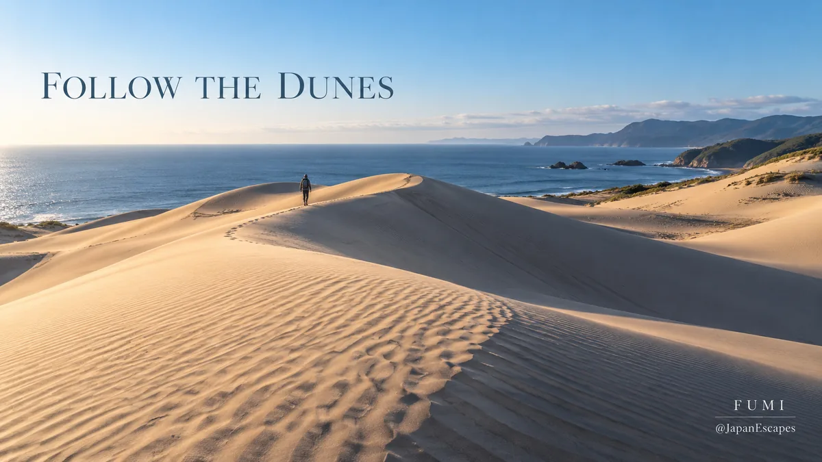 An imagined Japanese coastal dune landscape with pale sand and blue sea