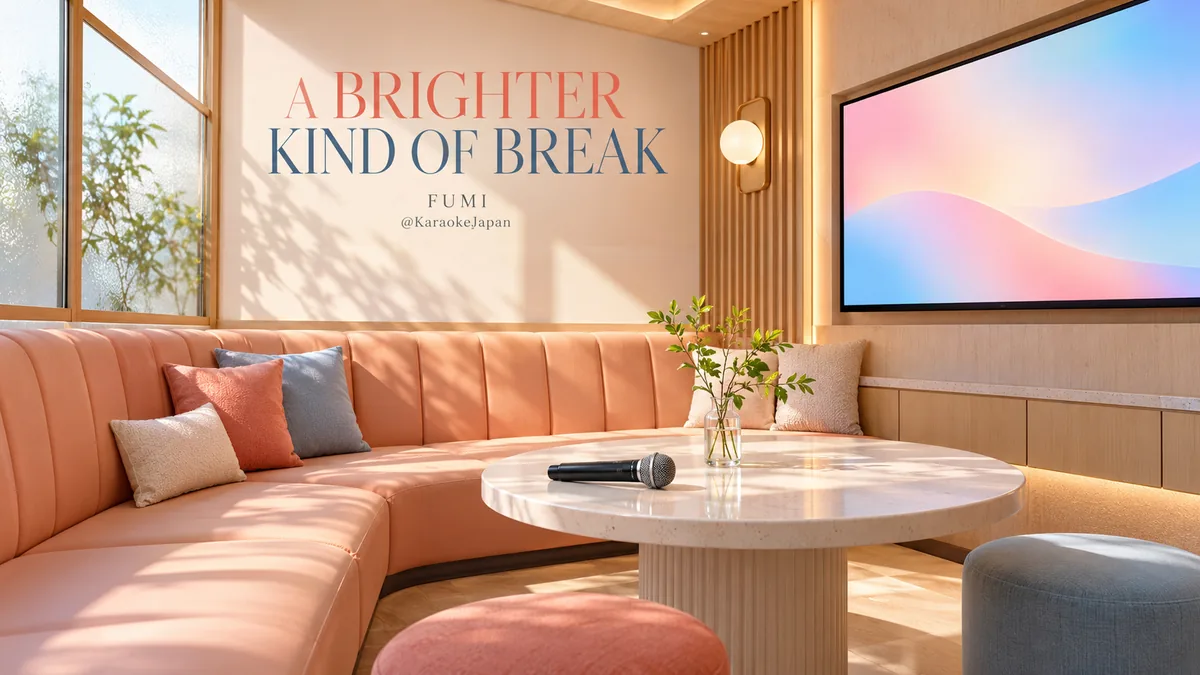 Fumi illustration: A bright private karaoke room with a city view