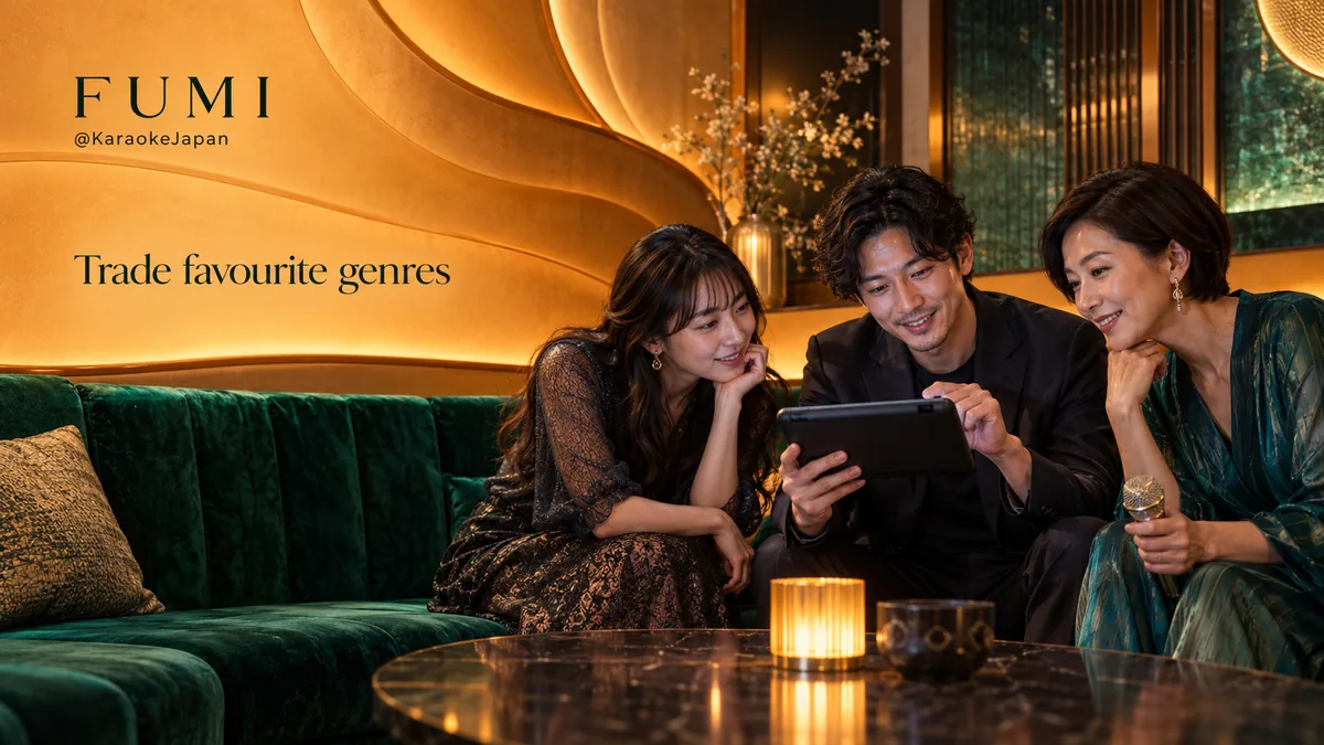 Fumi illustration: Friends exchanging song ideas in a green velvet booth
