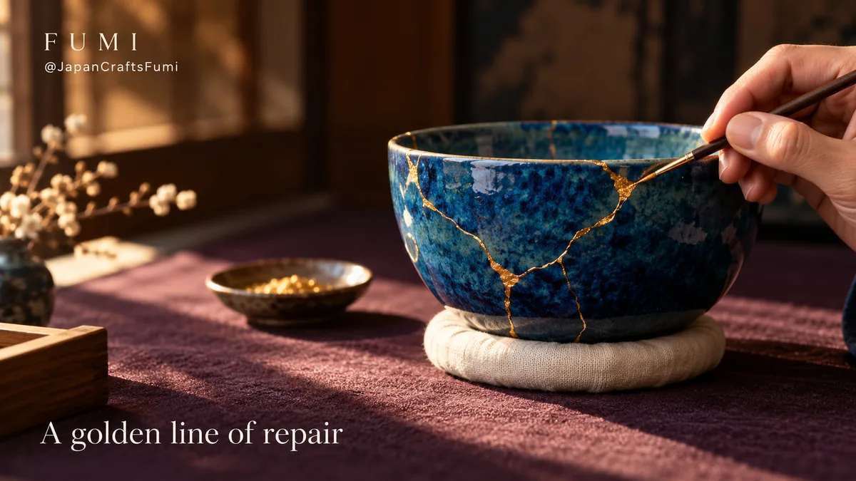 A fine brush touches a golden repaired seam on a deep blue ceramic bowl resting on an ivory cloth ring.