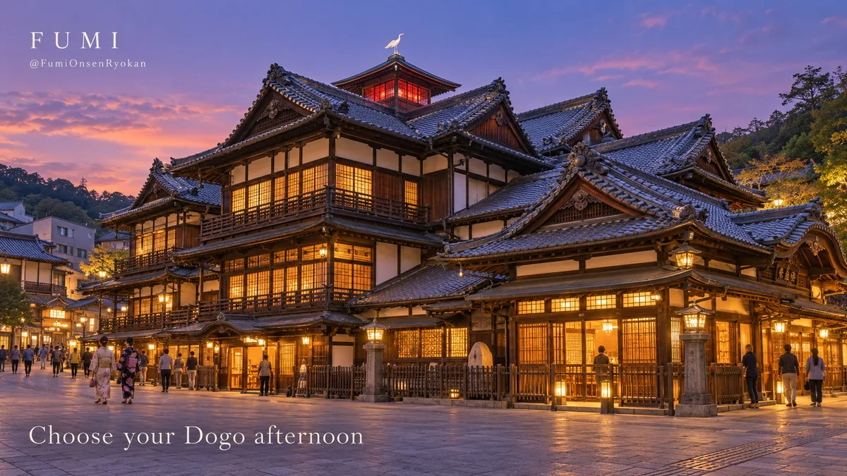 Illustrative exterior of Dogo Onsen Honkan in Matsuyama, with its layered tiled roofs and Shinrokaku tower.