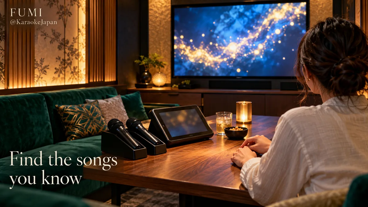 Fumi illustration: A traveller choosing a song on a karaoke controller