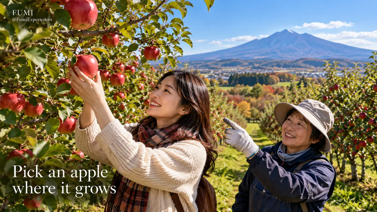 Picking a red apple in an Aomori orchard. Original Fumi illustration.