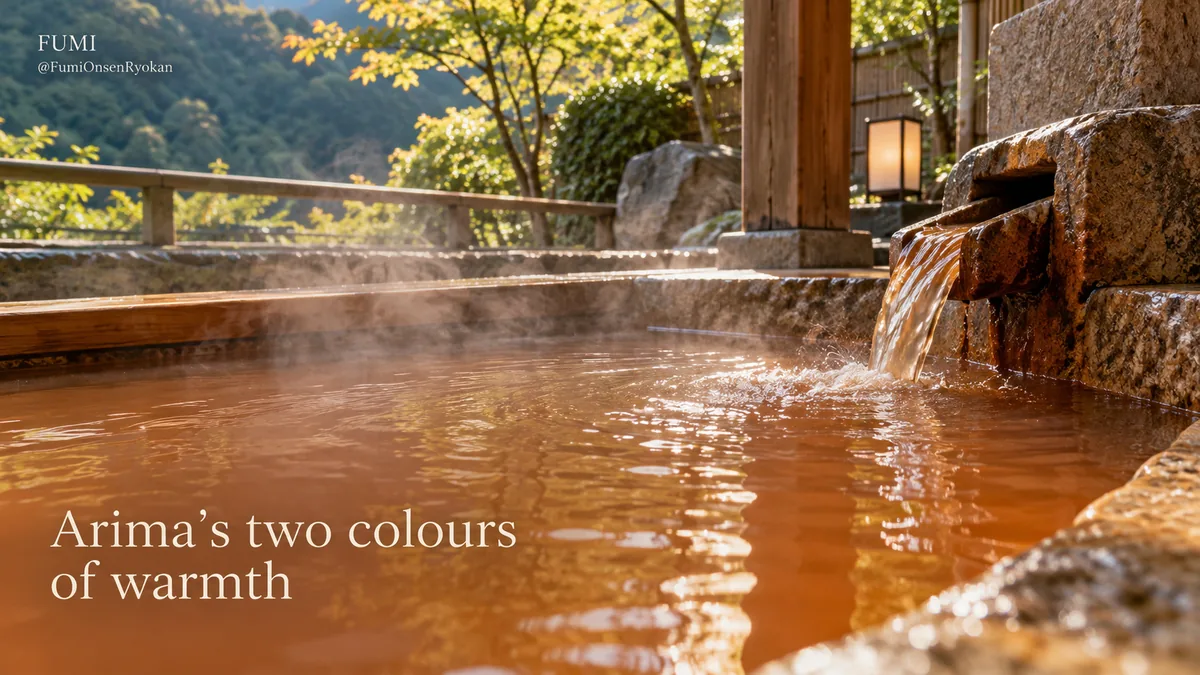 An illustrated Arima hot-spring bath with warm mineral-rich water
